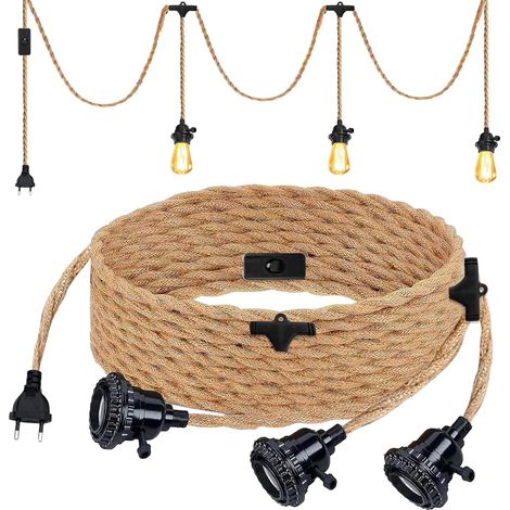Lustre Corde de Chanvre de 6.8 Mètres, Tête 3-Flamme Suspendue Câble de Lumière Corde E27 Prise, Vintage Lustre Corde Chanvre avec Prise Interrupteur, DIY Lampe Suspension pour Maison Chambre Bar (1/5)