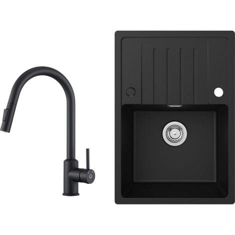 Fregadero de cocina Fregadero de granito negro antracita de 65x45 cm con escurridor + grifo de cocina extensible negro con 2 tipos de chorro alto 404 mm (1/5)