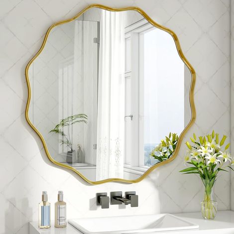 Miroir mural rond ondulé - 60 cm - Cadre en métal - Montage facile - Moderne - Pour salle de bain, salon, chambre à coucher, couloir, entrée (1/5)