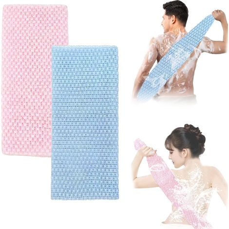 Lot de 2 gants de douche, 120 cm, double face, nylon, exfoliant et moussant, pour le dos (1/5)