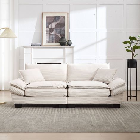 Tanant – Canapé droit 2 places en velours beige – Cadre en bois massif – Accoudoirs rembourrés – Dimensions 224x81x81cm – Confort ultra-profond (1/5)