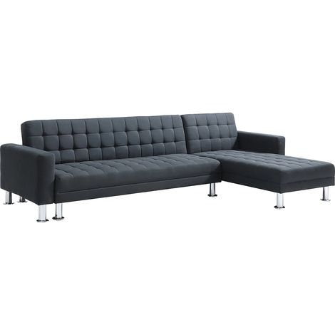 Vente-Unique – Canapé d'angle convertible 5 places en tissu noir – Mécanisme clic-clac – Configuration réversible – Dimensions 290x173cm (1/5)