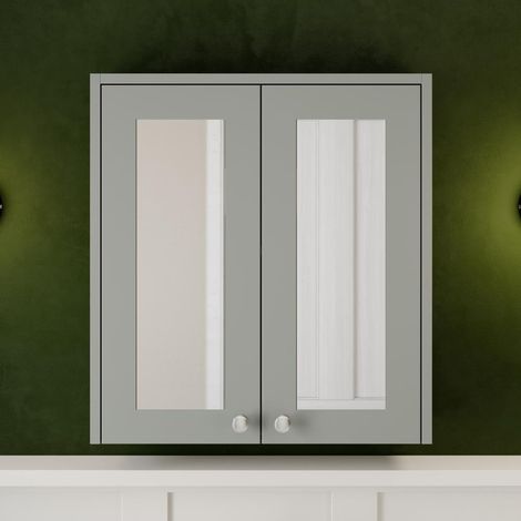 600mm Bathroom Mirror Cabinet 2 Door Wall Hung Grey Traditional (1/6)