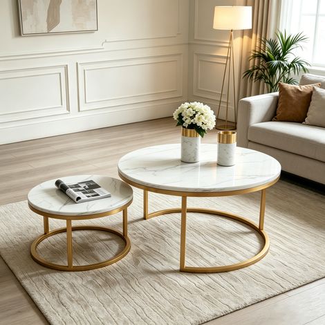 Set aus 2 ineinander schiebbaren Couchtischen, Marmorfurnier, Metallgestell, goldene Beine, Tragkraft 100 kg - Elegantes Design für moderne Wohnzimmer
