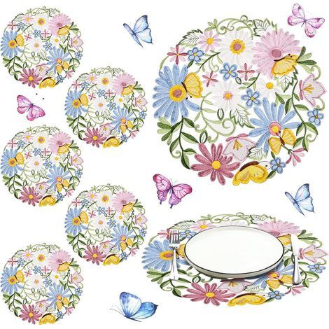 Set aus 6 runden Platzsets (35,5 cm Durchmesser) mit Frühlingsmotiven – gestickten Osterblumen und Gänseblümchen – für Esszimmer und Festtagsdekoration (1/5)