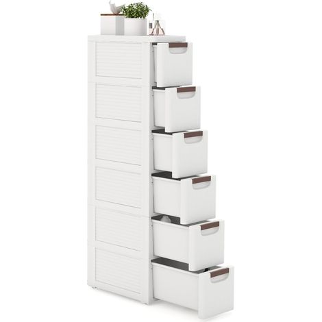 GOPLUS Armoire de Rangement à Roulettes Etroite, Chariot en Plastique Mince à 3/4/5/6 Tiroirs, Roues Intégrées, Organisateur de Rangement Mobile pour Cuisine, Salle de Bain, Bureau (6 Tiroirs,Blanc) (1/5)