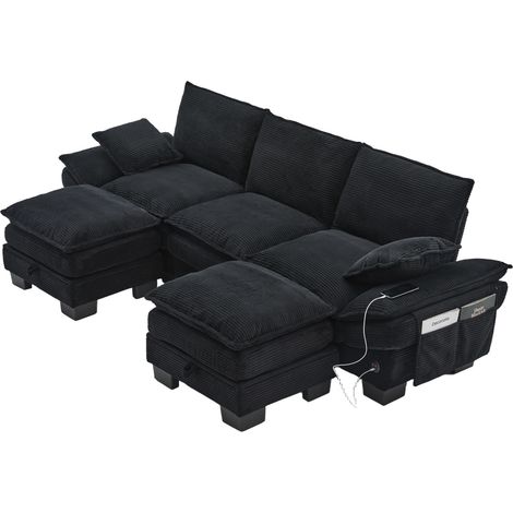 Canapé modulable 3 places en velours côtelé avec 2 poufs, large assise ergonomique, mousse haute densité, port USB-C, noir (1/5)