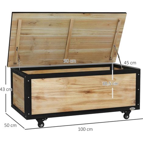 Coffre de jardin, 121 litres, 2 roues, résistant aux intempéries, charnières métalliques, bois naturel, 100 x 50 x 43 cm (1/5)
