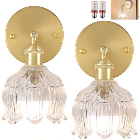 Lot de 2 appliques murales avec ampoule, lampes de chevet vintage, appliques murales pour miroir de salle de bain, applique murale fleur en verre (1/5)