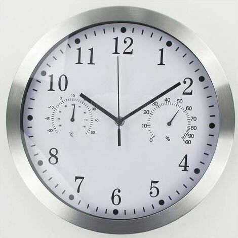 BARKBUSTERS Horloge murale ronde à quartz, horloge murale intérieure silencieuse en aluminium avec thermomètre et hygromètre pour salon, cuisine, bureau (blanc) (1/5)