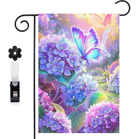 Drapeau de jardin décoratif 30 x 45 cm motif fleurs hortensia et papillon style magique toile double face (1/5)