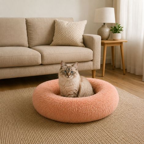 belviona Donut Katzenbett, weiches Katzenkörbchen mit flauschigem Plüsch, rutschfest & gemütlich, 60 cm Durchmesser, altrosa (1/4)