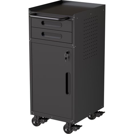 Fahrbarer Metall-Werkzeugschrank mit abschließbarer Tür, 2 Schubladen und großem Griff, schmaler Metall-Organizer, platzsparende Garagenaufbewahrung, Maße H 87,3 × B 37,5 × T 42 cm (1/5)