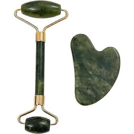 Masseur facial 2 pièces, Gua Sha en jade naturel, Gua Sha facial, Gua Sha et rouleau de jade, rouleau pour le visage, outil pour les yeux, le visage et le cou (1/5)
