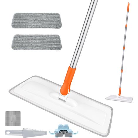 Balai en microfibre pour nettoyer les sols, balai plat extensible de 140 cm avec 2 tampons lavables s, pour salle de bain, cuisine, sol, carreaux de céramique (orange + blanc) (1/5)