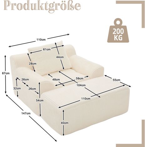 Fauteuil individuel extra-large en velours côtelé beige avec repose-pieds, poches latérales et coussin fauteuil sans cadre, livré en un seul colis, avec rembourrage moelleux sans montage, idéal pour s
