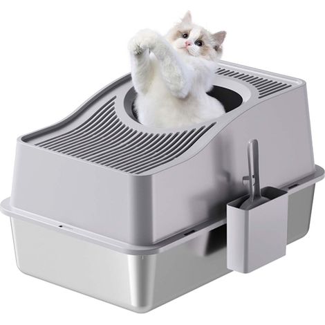 Litiere pour Chat Acier Inoxydable, XXL Bac à Litière Fermé pour Chat, Ouverture en Haut Contrôle des Odeurs, Anti-Fuite avec Amovible Maisons de Toilette pour Chats, 60x40x39.5 cm, Gris (1/5)