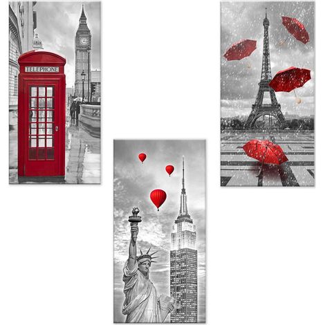 Lupia - Set 3 Quadri su Tela CANVAS DAY CITY RED 38x75 cm citta' in rosso, Stampa Vivida, Pronto da Appendere, Decorazione per Soggiorno, Capezzale Testiera Camera da Letto, Cucina, Ufficio (1/4)
