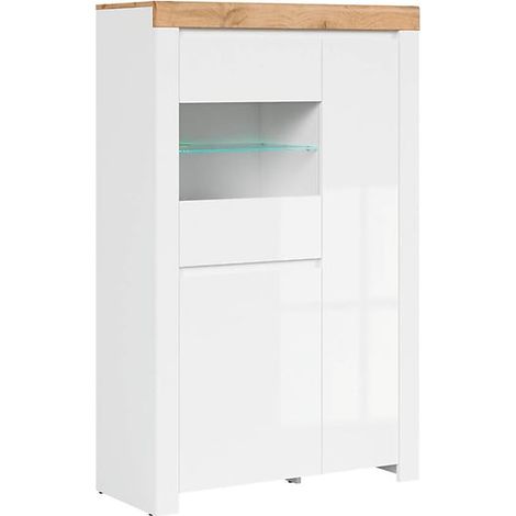 Vitrine à LED meuble de rangement à 3 portes,coloris Blanc/Chêne wotan - Longueur 98 x Profondeur 42 x Hauteur 156,5 cm (1/5)