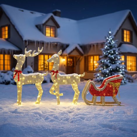 Décoration de Noël extérieure en 3 parties : rennes avec traîneau 3D, 200 lumières LED blanc chaud, 8 modes et minuterie (1/5)