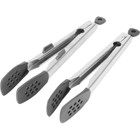 2-teilige Edelstahl-Grillzange, Steak- und Salatzange mit Silikonspitzen für Grill und Küche, Schwarz