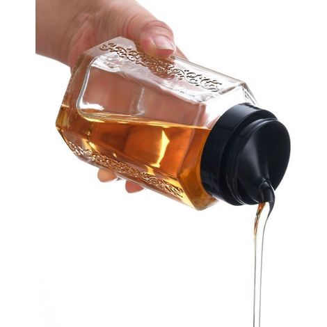 Distributeur de miel en verre en deux parties avec couvercle étanche. Distributeur portable idéal pour la cuisine, les buffets et les pique-niques. Compatible lave-vaisselle, 360 ml/12 oz. (1/4)