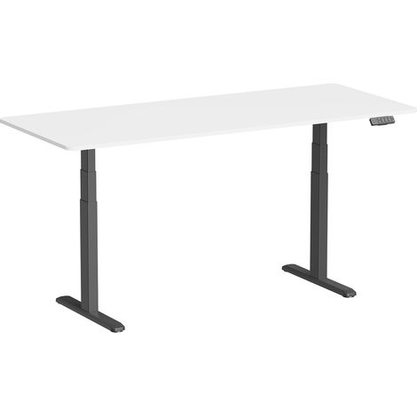 Bureau motorisé assis-debout 180x75cm, Plateau blanc à bords arrondis/Pied noir