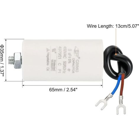 CBB60 8uF Condensateur de Démarrage, 2Pcs AC 450V 2 Fils 50/60Hz Cylindre Fond avec Vis 65x35mm Condensateur de Marche pour Machine à Laver, Moteur de Pompe à Eau Étoile (1/3)