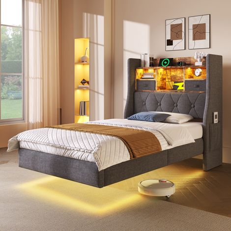 Cama para adultos de 90x200 cm con iluminación LED RGB, estación de carga (Tipo C + 3 USB, 1 de carga rápida), cabecero con almacenaje, tapizada en lino gris.