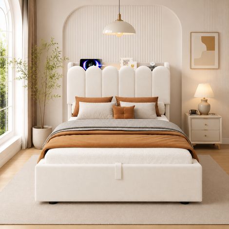 Cama tapizada, individual, infantil de 90 x 200 cm, con sistema hidráulico regulable, somier de láminas, cabecero tapizado, amplio espacio de almacenamiento, estación de carga USB y Tipo-C, lámpara de (1/5)