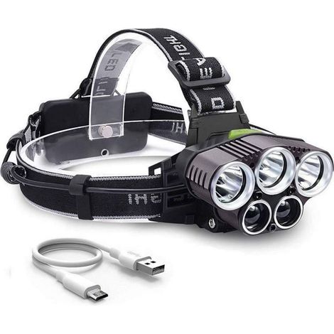 Wiederaufladbare Stirnlampe, leistungsstarke, ultrahelle Beleuchtung, USB-aufladbar, 5 LEDs, 6 Leuchtmodi, batterielos, stoßfest für Gehen, Laufen, Camping, Klettern, Wandern, Heimwerken - Schwarz (He (1/4)