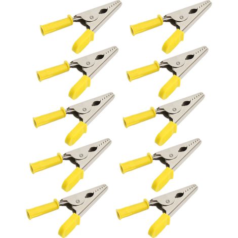 Packung mit 10 Krokodilklemmen J.60047, 20 mm Öffnung, aus Messing, für elektrische Prüfungen von Batterien (gelb) (1/5)