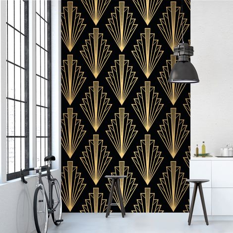 Papier peint intissé panoramique éventails dorés sur fond noir – Dimensions 250 cm x 150 cm – Motif géométrique pour salon et chambre – Plage (1/2)