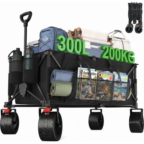 300L Chariot de Plage Maximum 200KG Chariot de Jardin,Diable Pliant avec Freins,Chariot Pliable Poignée Réglable,Brouette Jardin,Chariots à la Plage Chariots de Transport pour Le Camping Noir