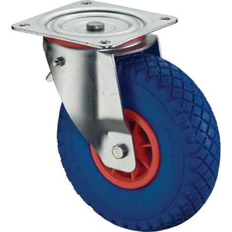 Roulette de direction avec fixation fixe de 260 mm, charge maximale 160 kg, avec plaque, roulement à rouleaux, caoutchouc bleu (1/2)