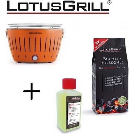 Barbecue Arancio con Batterie e Cavo di Alimentazione USB + 1Kg di Carbonella di Faggio + Gel Combustibile Inodore per Barbecue 200ml -Lotus Grill (1/3)