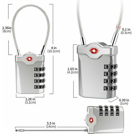 Candado de 4 dígitos para maletas de viaje, candado para taquilla universitaria con función de alerta de equipaje abierto y cable de acero (plateado) - 1 unidad FDC