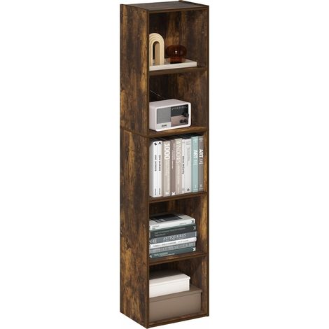 Bibliothèque, Étagère Moderne À 5 Niveaux, Étagères Ouvertes, 9 X 12 X 52 cm, pour Salon, Chambre, Bureau, Pin Ambré (1/5)