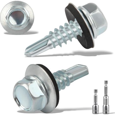 Lot de 240 vis à tôle trapézoïdale auto-taraudeuses avec rondelle d'étanchéité 4,8 x 16 mm + 2 douilles hexagonales M8 Vis étanches galvanisées Vis de toit en métal (argentées) (1/5)