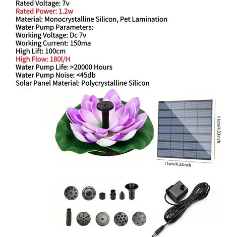Fontaine de jardin flottante en forme de lotus (1,2 W, 180 l/h) - Durée de vie jusqu'à 20 000 heures - Pompe à énergie solaire - Ornements de nénuphars pour la décoration de jardin (1/5)