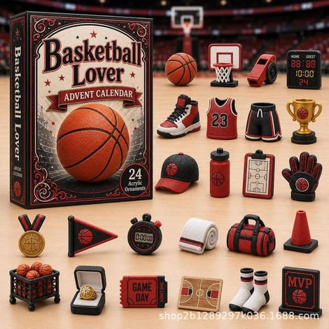 Calendrier sportif 2026, décorations de compte à rebours en acrylique à suspendre (24 jours), cadeau de Noël original sur le thème du sport pour les fans (rouge)
