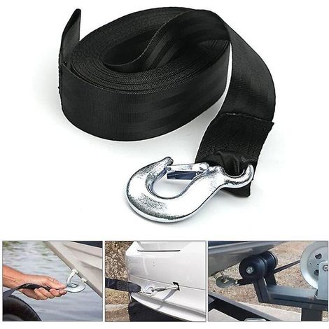Sangle de treuil noire de 4 mètres avec mousqueton de sécurité pour bateau ou voiture, résistance à la rupture et charge de travail élevées (1/5)