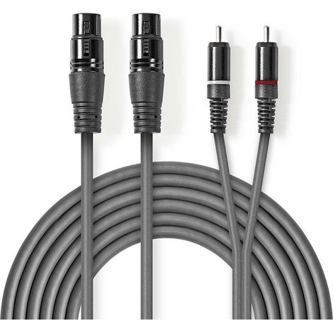 Cable de audio balanceado 2x xlr hembra de 3 pines 2x rca macho niquelado 300 metros redondo pvc gris oscuro funda de carton