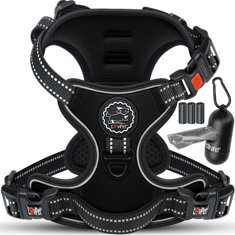 Lovpet® arnés sin tirón y ahogo para perros y cachorros  arnés de pecho transpirable y suave reflectante  arnés sin tirón incl. rollos de bolsa  negro / L