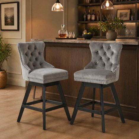 Taburetes de bar giratorios 55 x 44,5 x 97,5 cm, terciopelo gris, lote de 2 FloraGrace (1/5)