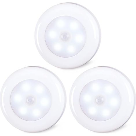 Confezione da 3 luci con sensore di movimento, adesive, a batteria, wireless, a LED, per armadi, scale, armadi, cucine, bianco freddo