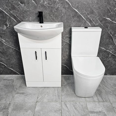 White Vanity Unit with Black Handles 550mm Open Back Tornado Toilet Suite, Without Tap & Waste