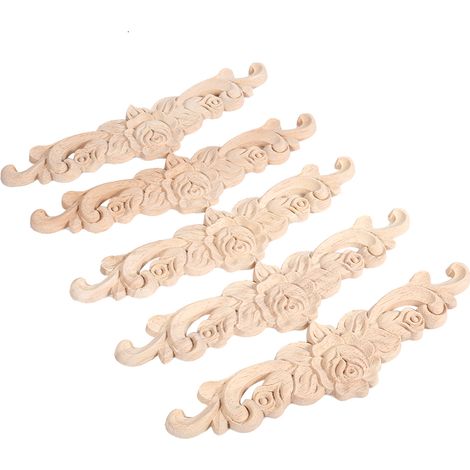 Applique En Bois Sculpté Fleur - Ornement Meuble Vintage Non Peint - Décoration Murale Et Portes - Lot De 5 Pièces 20x5cm (1/4)
