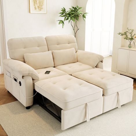 Canapé convertible 2 places 3-en-1 avec 2 coussins, usb et type-c, dossier réglable, en chenille beige (1/5)