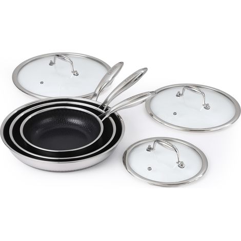 Ensemble de poêles antiadhésives inox tri-couche – 6 pièces avec couvercles en verre, poignées isolantes, compatible induction, four et lave-vaisselle – Répartition uniforme de la chaleur – Taille : 8